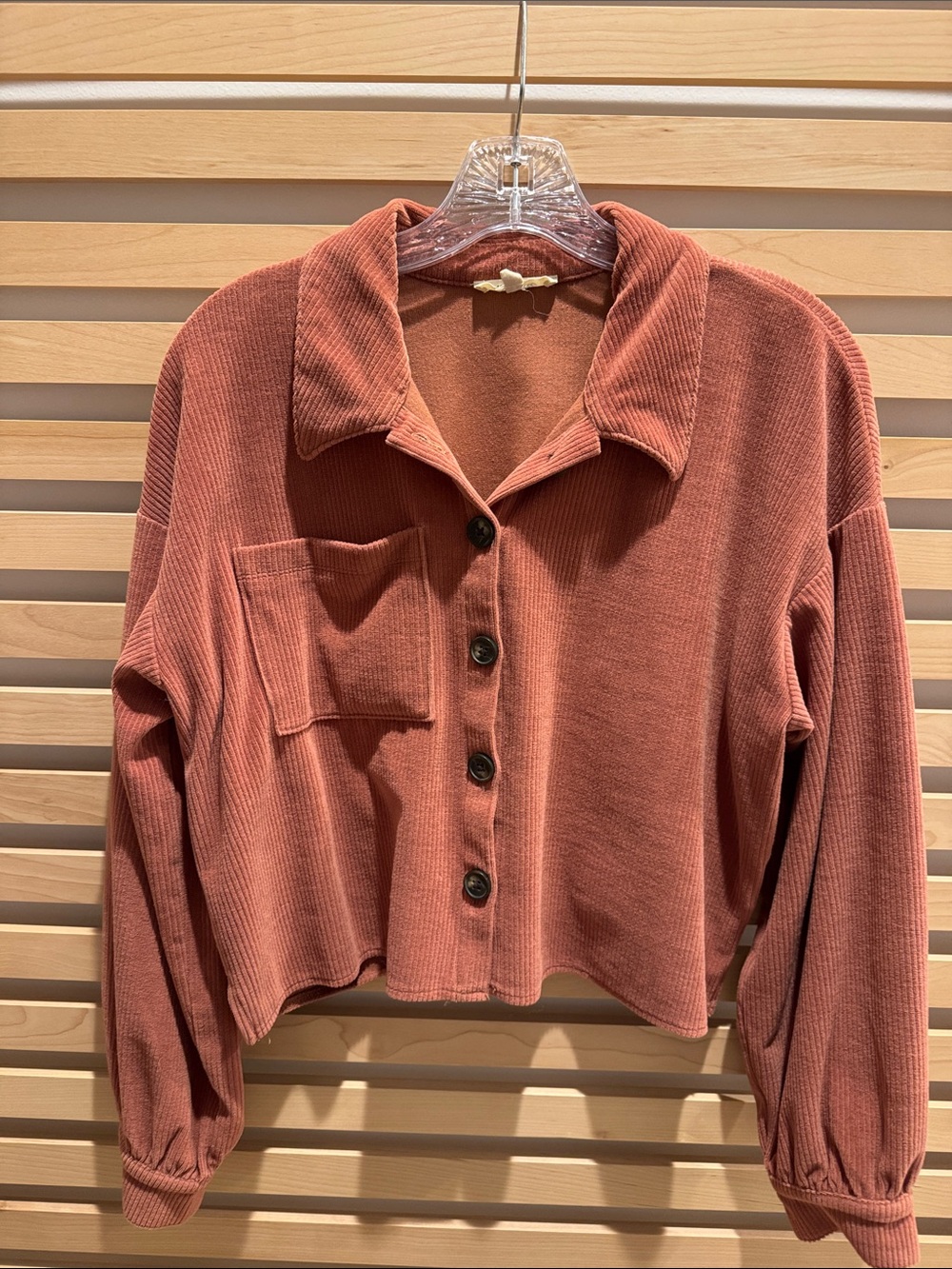 Madewell Cropped Button-Up Ribbed Shirt in Rusty Terracotta